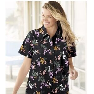 Woman Within Black Floral Short Sleeve Button Up Shirt Top Blouse 5X‎ NWT
